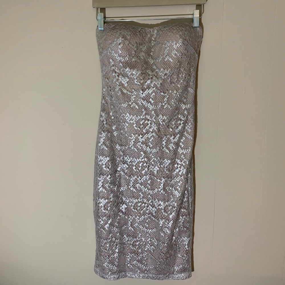 Bebé strapless silver lace midi dress
